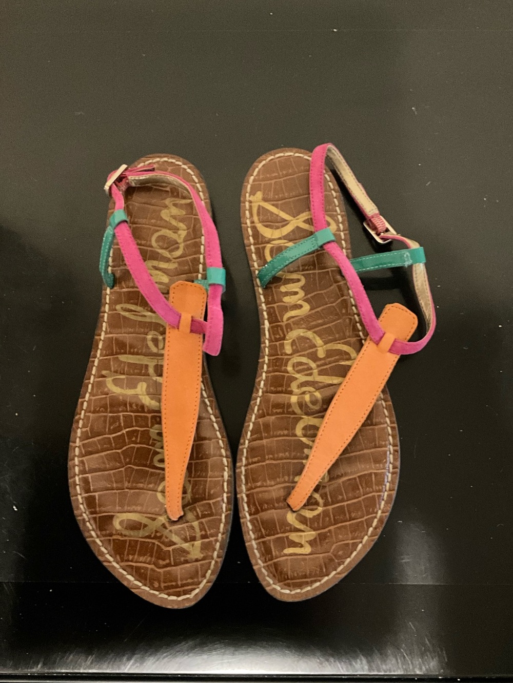 Sam Edelman Women's Multicolor T-Strap Sandals - Orange Pink Teal Size 9